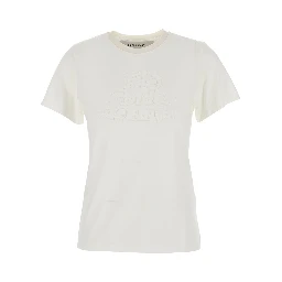 White Crew Neck T-Shirt with Embroidery on Front in Fabric Woman