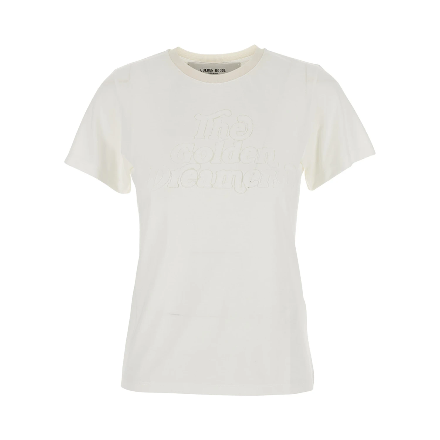 White Crew Neck T-Shirt with Embroidery on Front in Fabric Woman