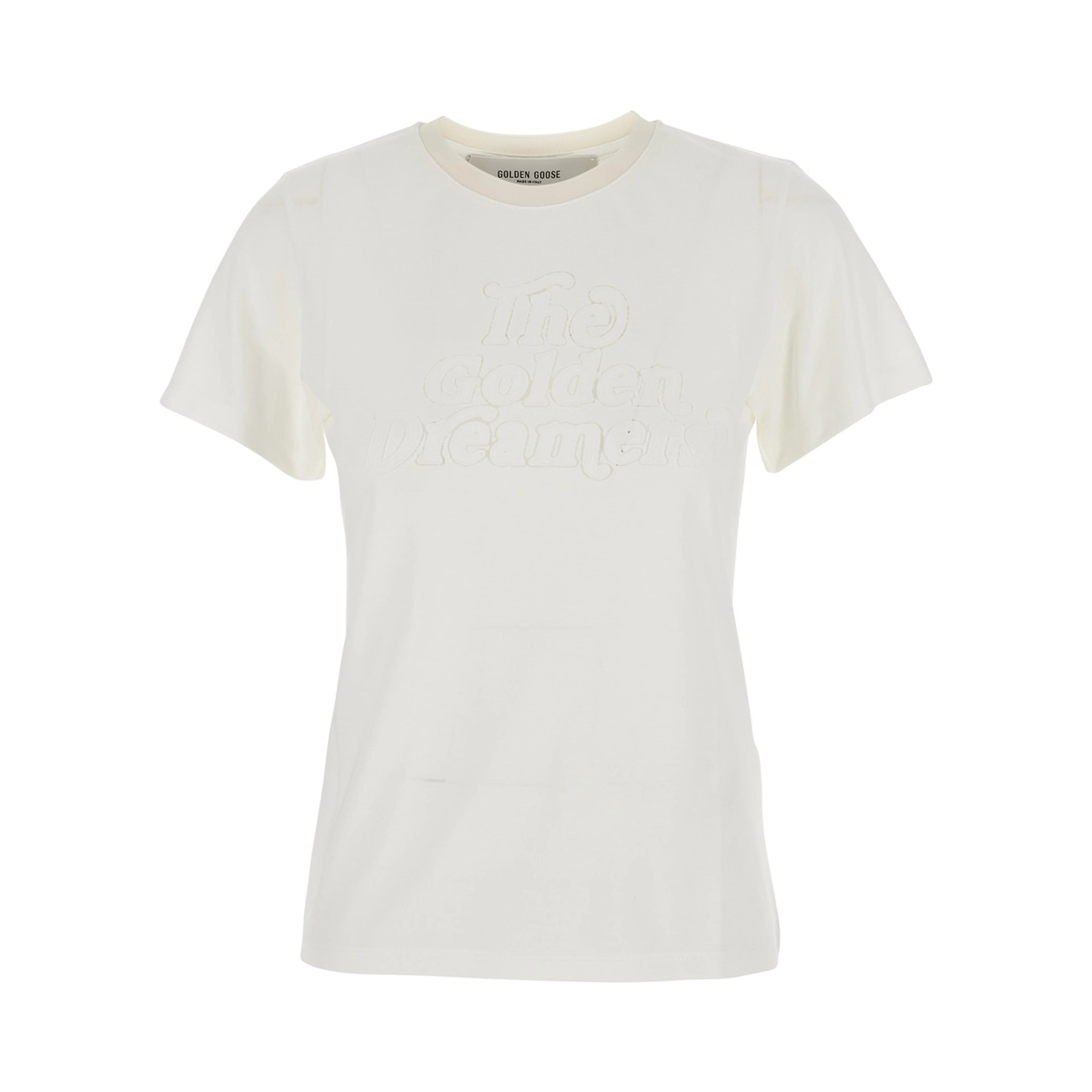White Crew Neck T-Shirt with Embroidery on Front in Fabric Woman