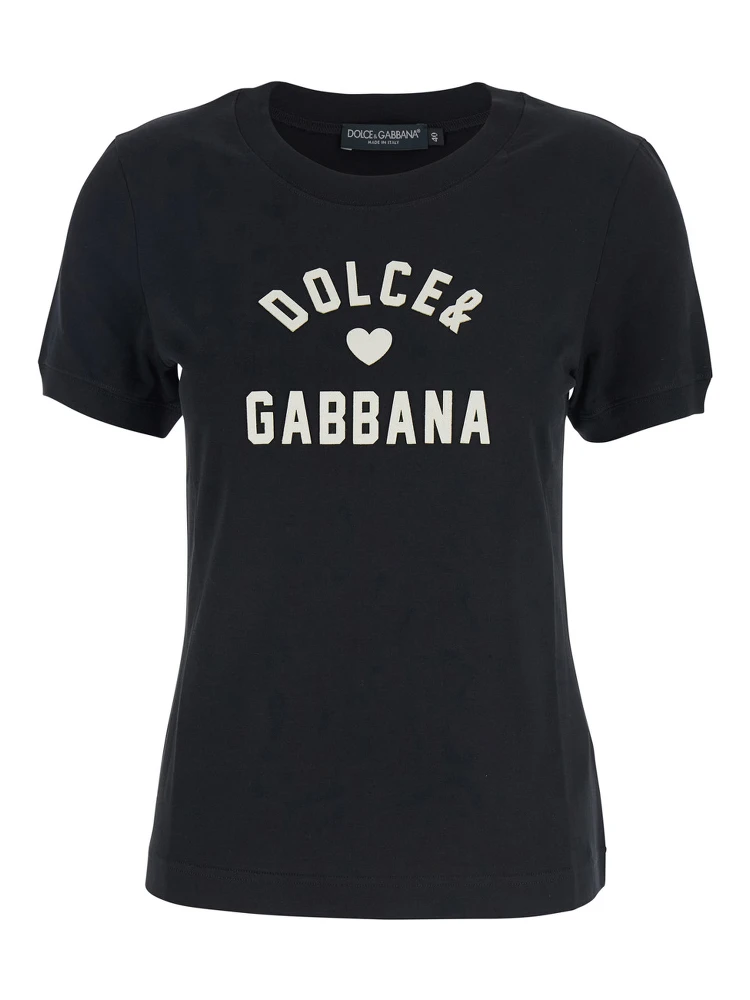 Black Crewneck T-Shirt with Maxi Logo Lettering on the Front in Cotton Woman