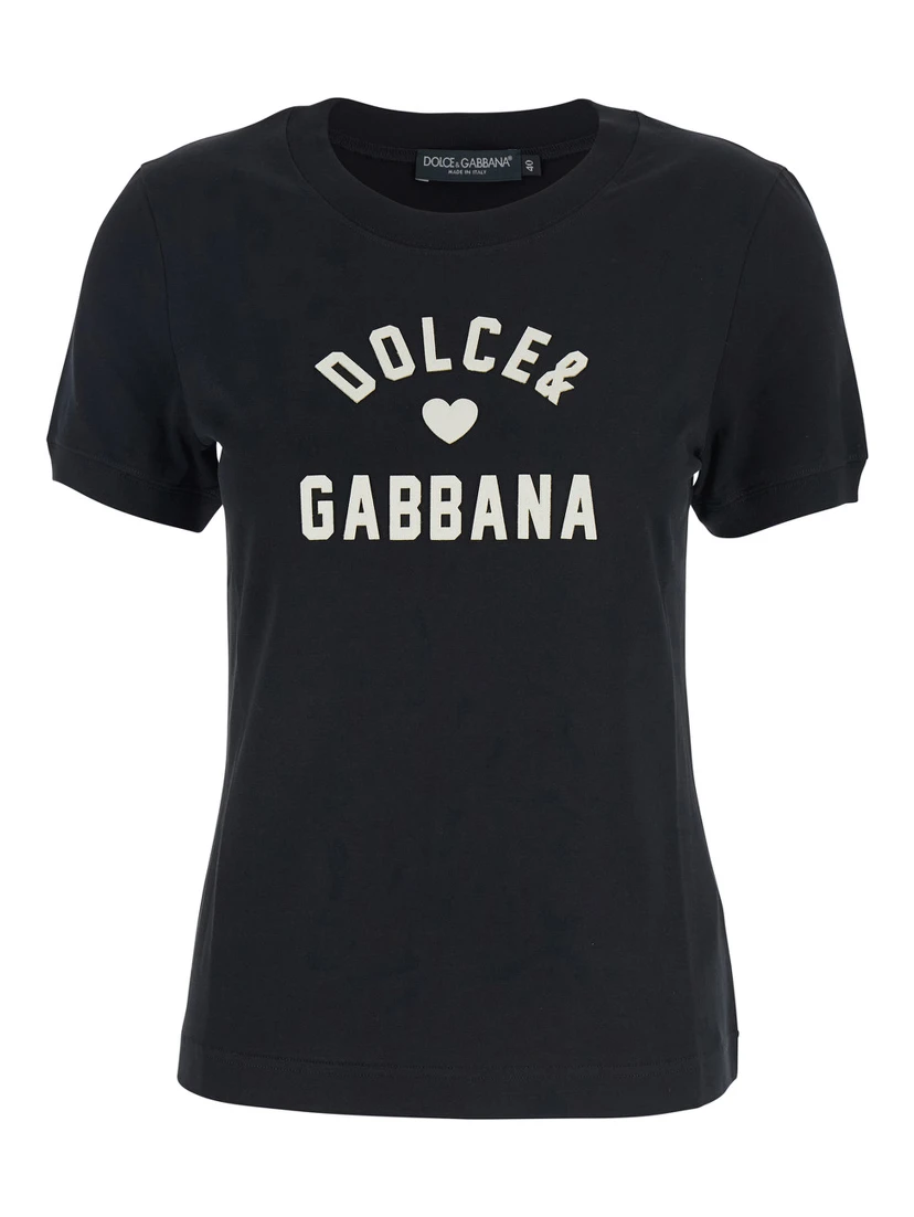 Black Crewneck T-Shirt with Maxi Logo Lettering on the Front in Cotton Woman