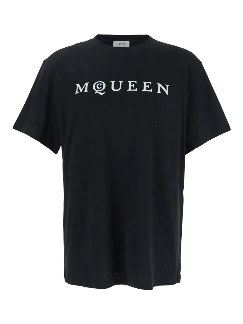 Black Crewneck T-Shirt with Logo Print on the Front in Cotton Man