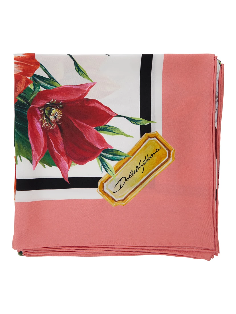 Multicolor Square Scarf with All-Over Floral Print in Silk Woman