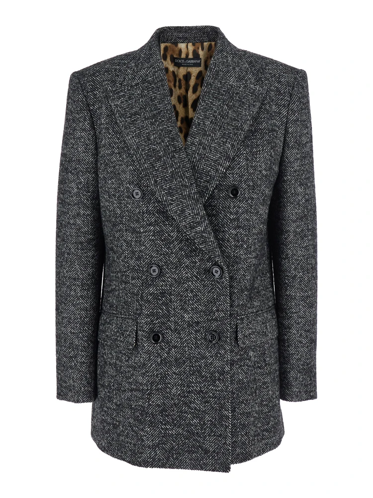 Grey Double-Breasted Jacket with Peak Revers in Wool Blend Woman