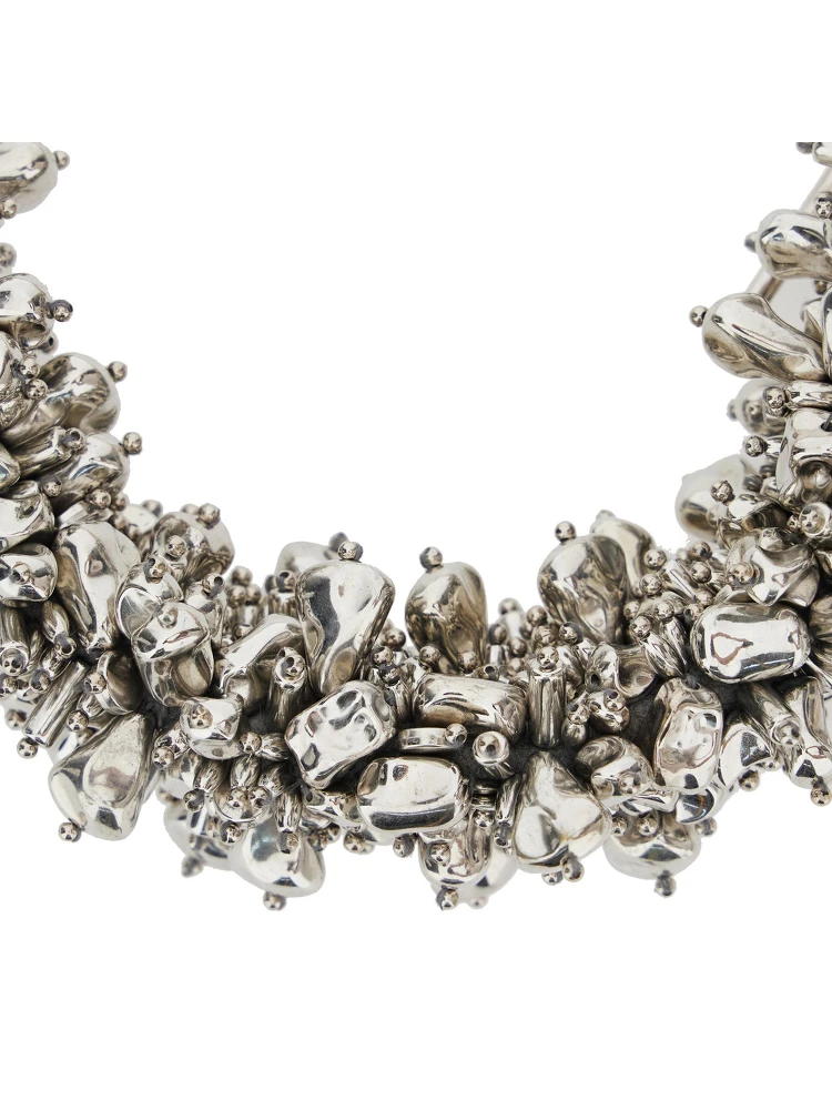 Metallic Necklace with Metal Pendants and Braided Design in Metal and Fabric Woman