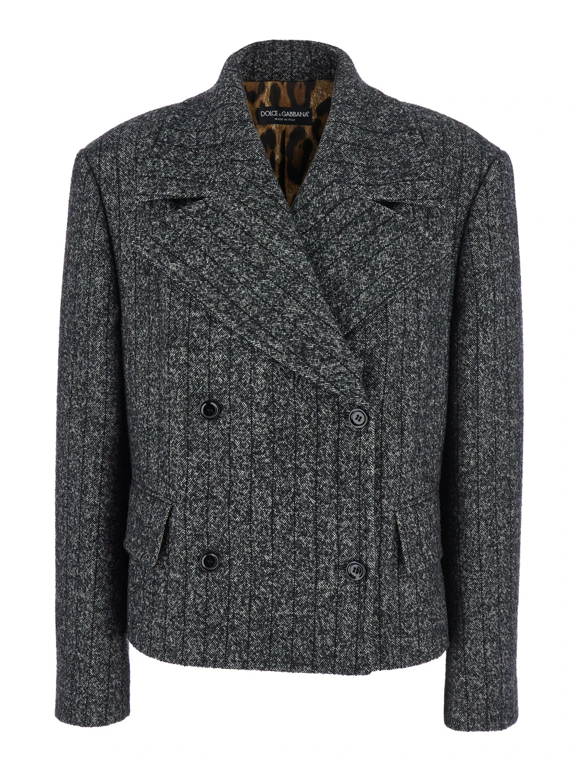 Grey Double-Breasted Jacket with Notched Revers in Wool Blend Woman