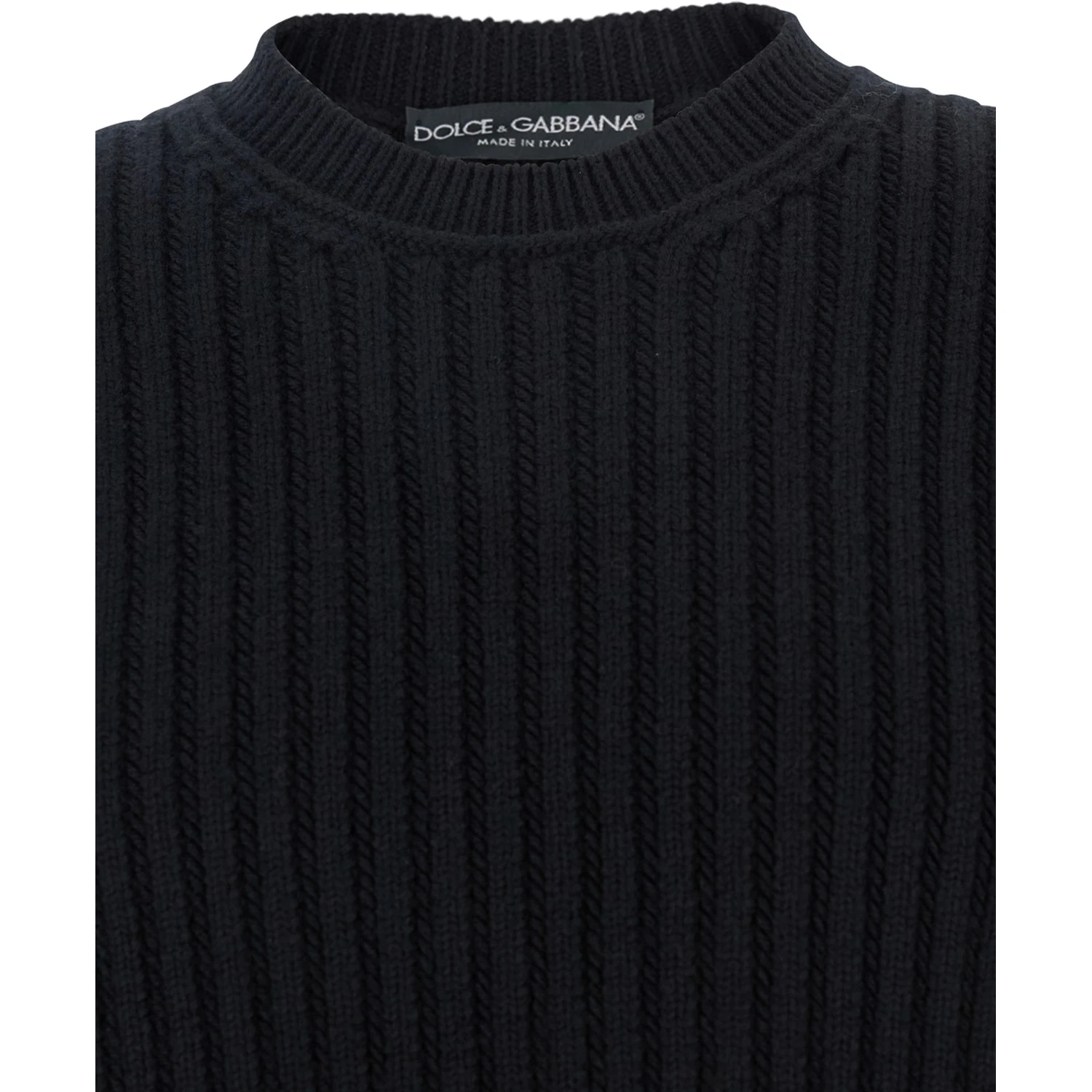 Black Ribbed Knit Crewneck Sweater with Logo Patch on the Rear in Wool Man