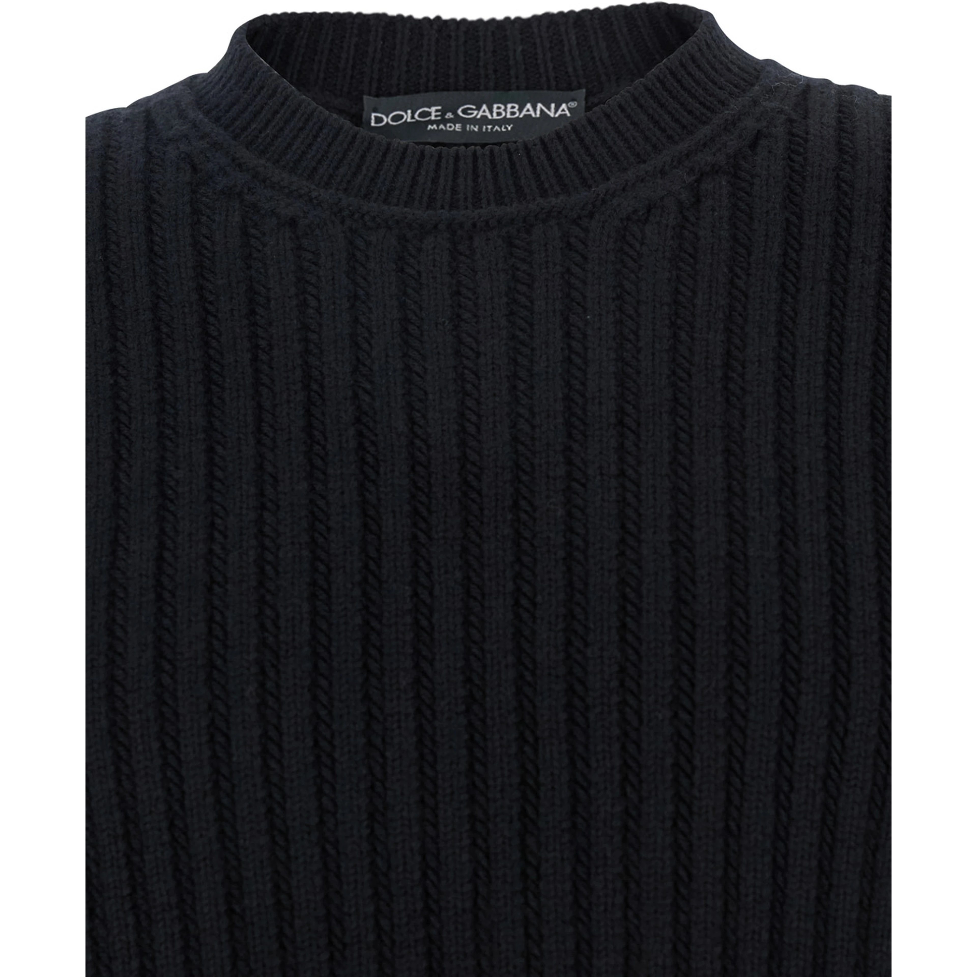 Black Ribbed Knit Crewneck Sweater with Logo Patch on the Rear in Wool Man