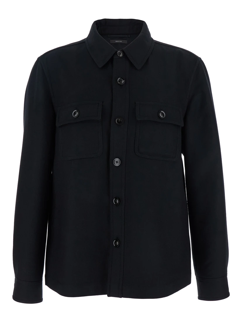 Black Jacket with Flap Pockets on the Chest in Wool Man