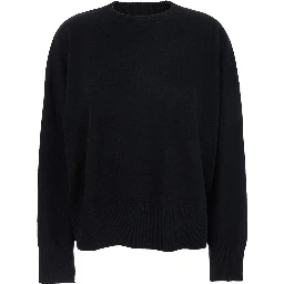 Black Crewneck Sweater with Ribbed Trims in Cashmere Woman