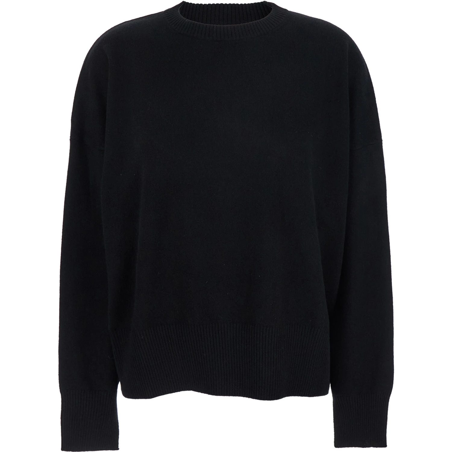 Black Crewneck Sweater with Ribbed Trims in Cashmere Woman