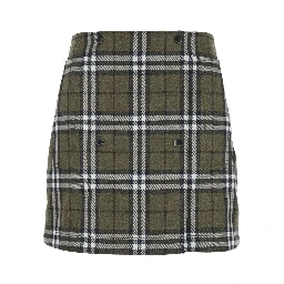 Green Skirt with All-Over Check Motif and Side Pockets in Virgin Wool Woman