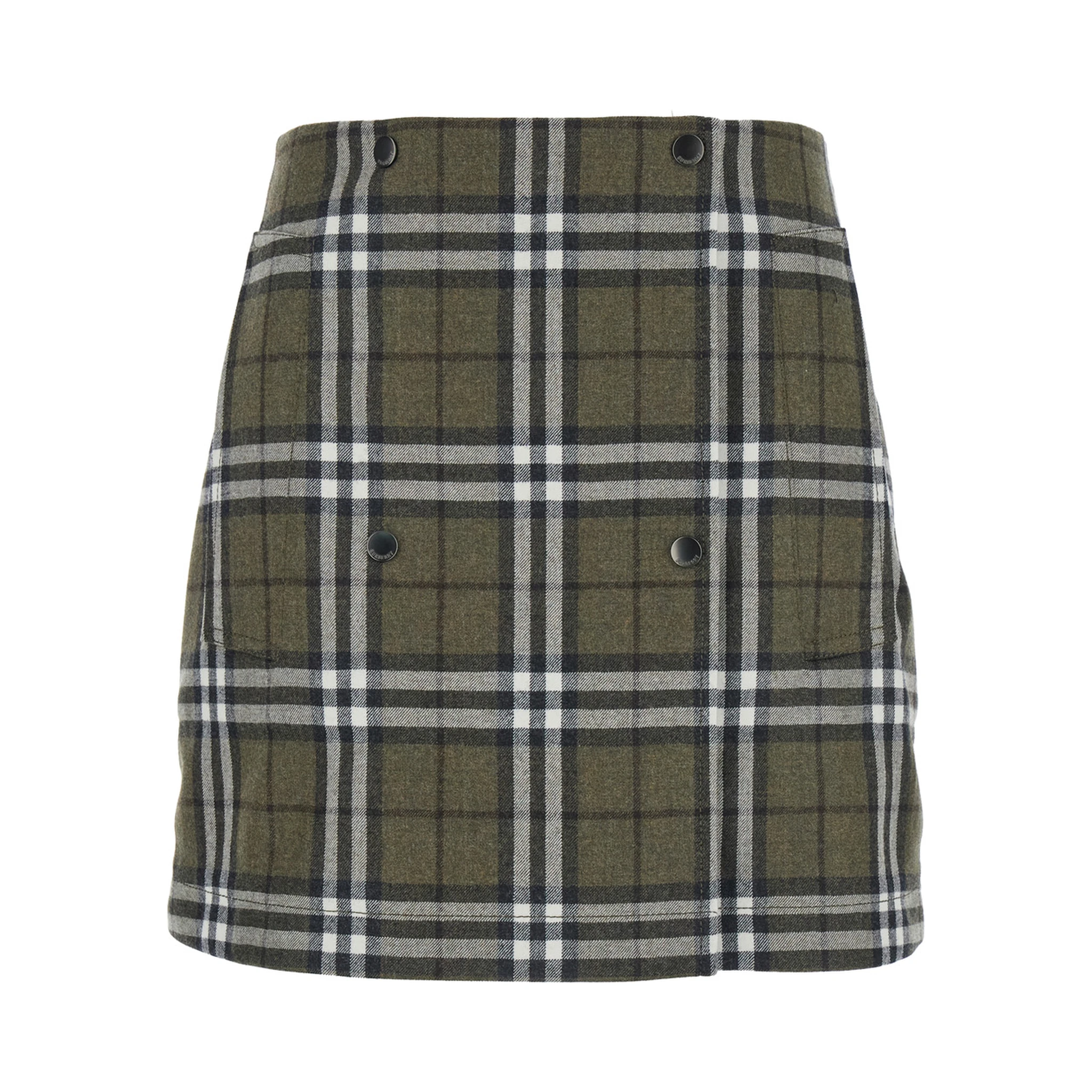 Green Skirt with All-Over Check Motif and Side Pockets in Virgin Wool Woman