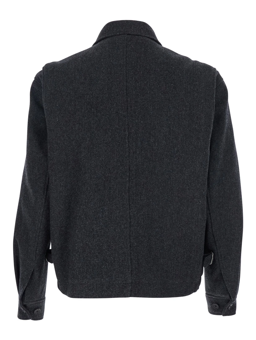 Classic A-2  Grey Jacket with Classic Collar and Front Button and Zip Closure in Wool Blend Stretch Man