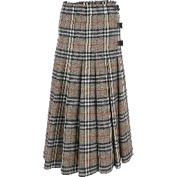 Beige Midi Skirt with Side Buckle Closure and All-Over Check Motif in Wool Woman