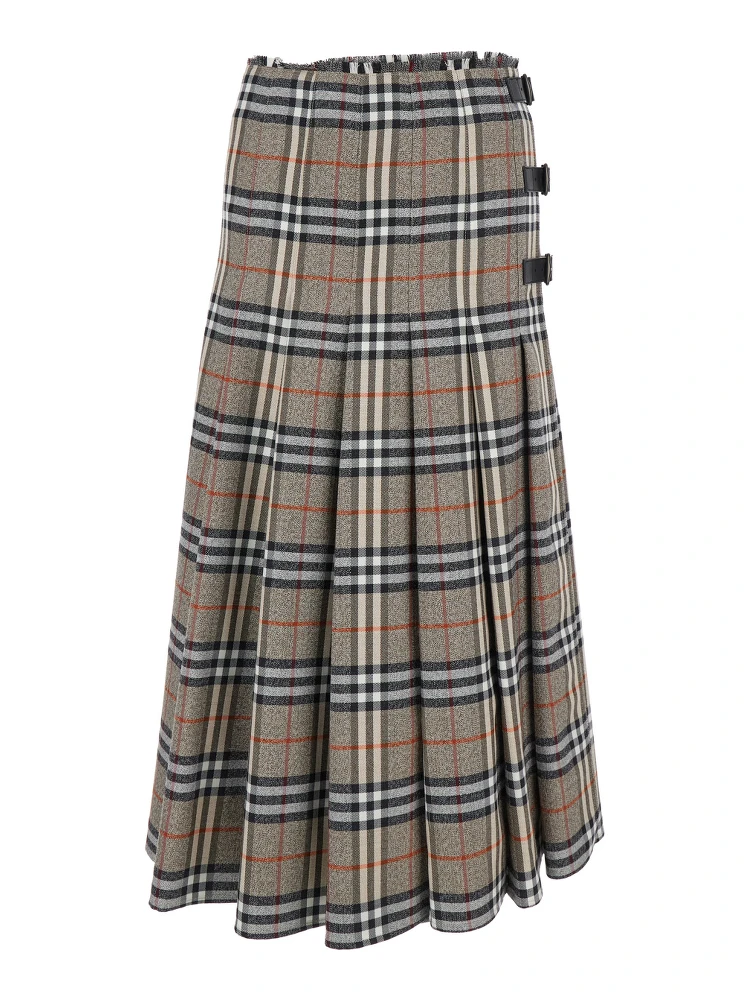 Beige Midi Skirt with Side Buckle Closure and All-Over Check Motif in Wool Woman