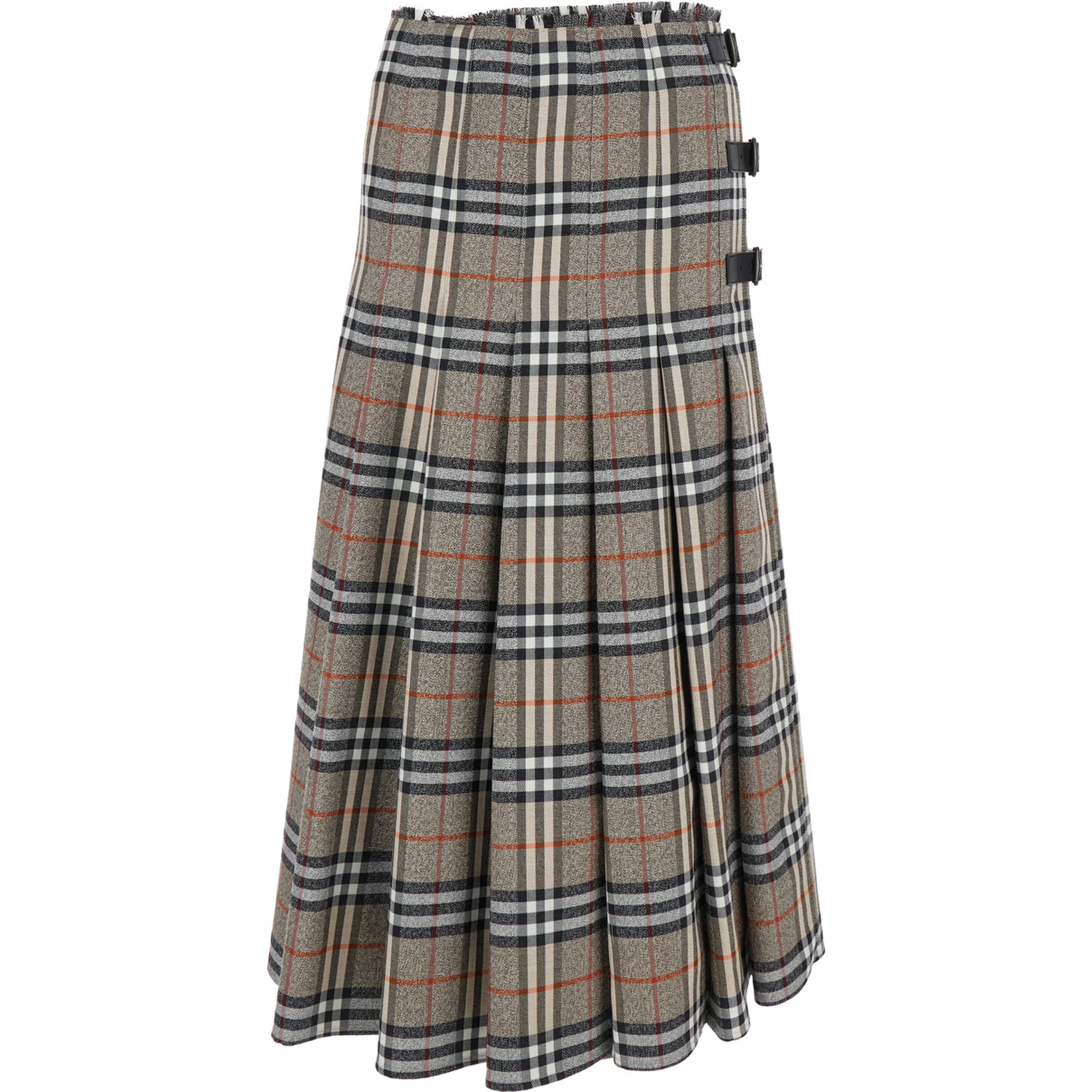 Beige Midi Skirt with Side Buckle Closure and All-Over Check Motif in Wool Woman
