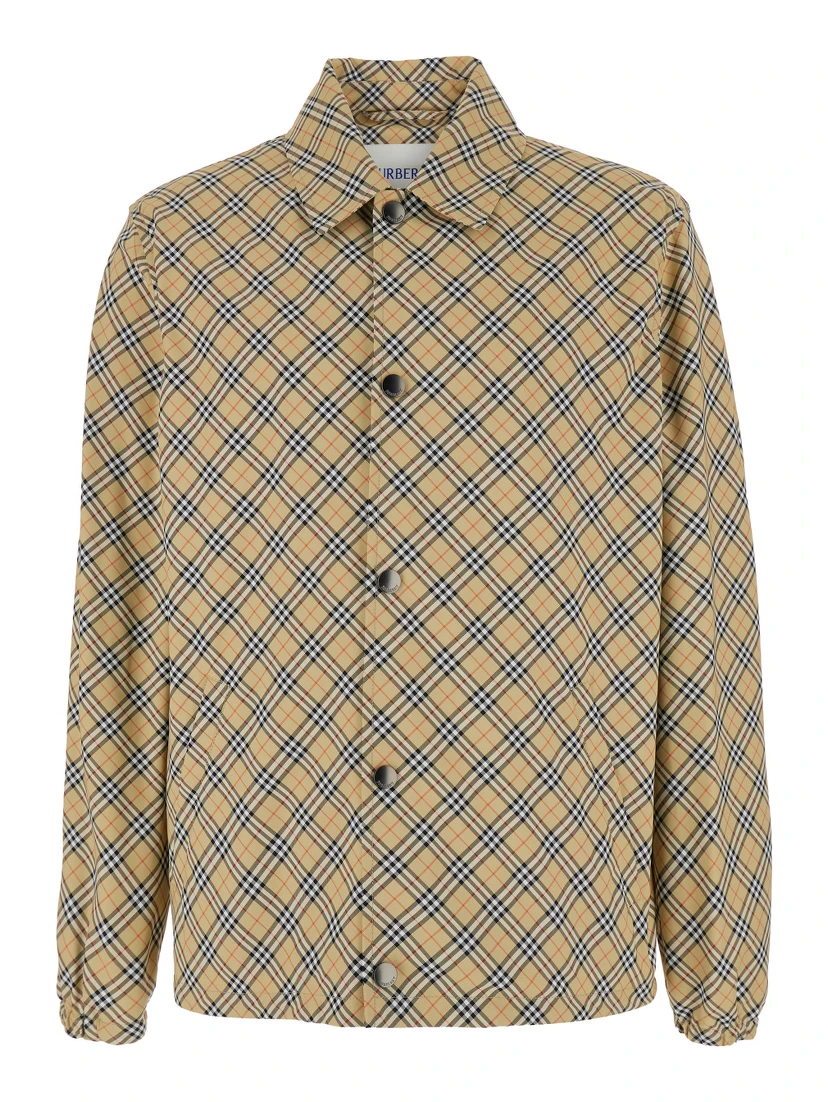 Slindon Beige Jacket with Classic Collar and All-Over Check Motif in Tech Fabric Man