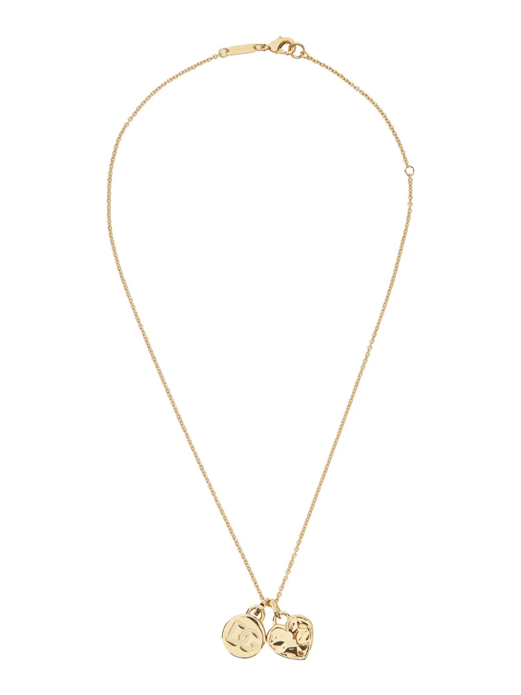 Gold Colored Necklace with Logo Pendant and Heart Pendant in Brass Woman