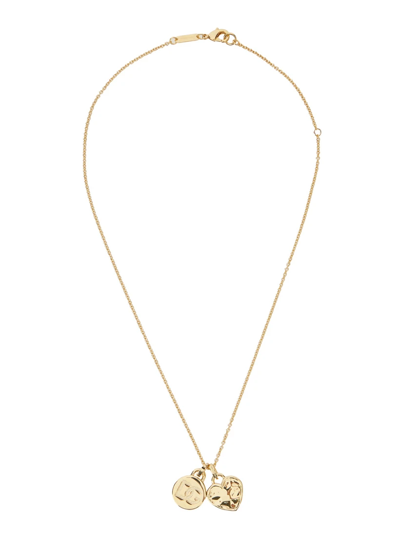 Gold Colored Necklace with Logo Pendant and Heart Pendant in Brass Woman