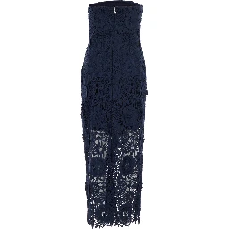 Blue Dress with Semi Transparent Design and Floral Decorations in Fabric Woman