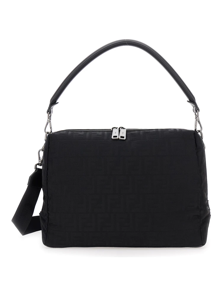 Lui Large Black Shoulder Bag with All-Over FF Motif in Tech Fabric Man