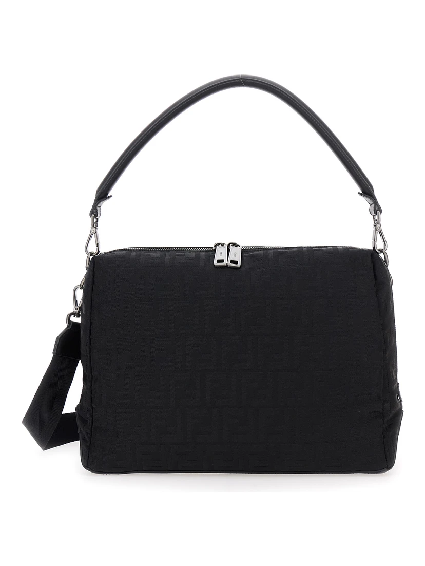 Lui Large Black Shoulder Bag with All-Over FF Motif in Tech Fabric Man