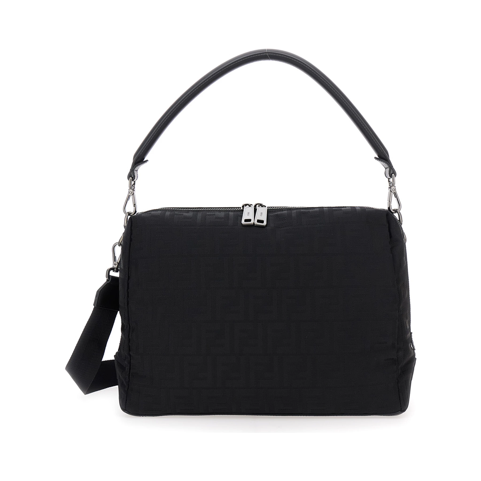 Lui Large Black Shoulder Bag with All-Over FF Motif in Tech Fabric Man