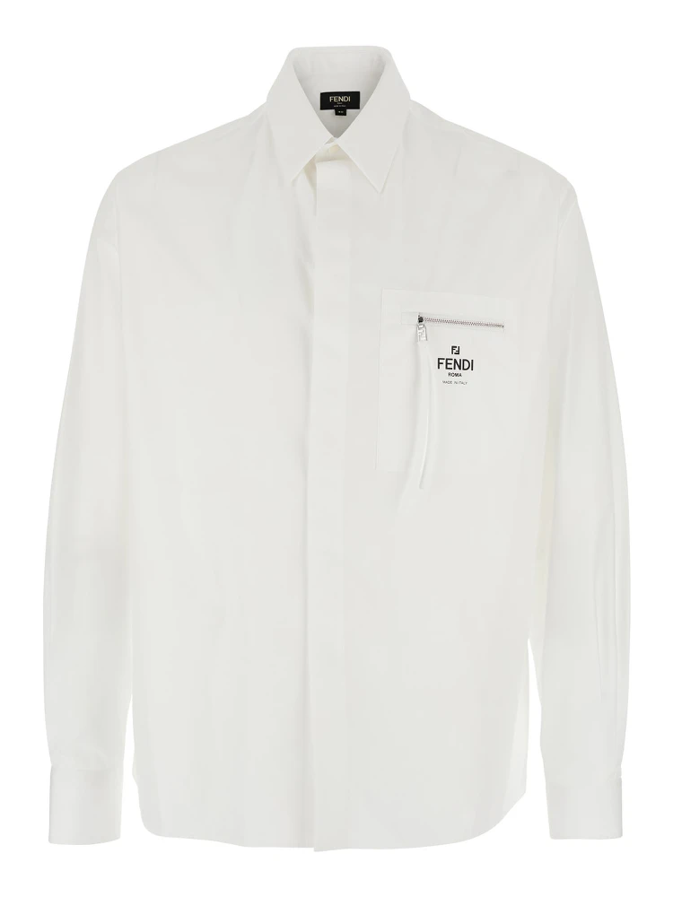 White Shirt with One Front Zip Pocket and Logo Lettering on the Pocket in Cotton Man