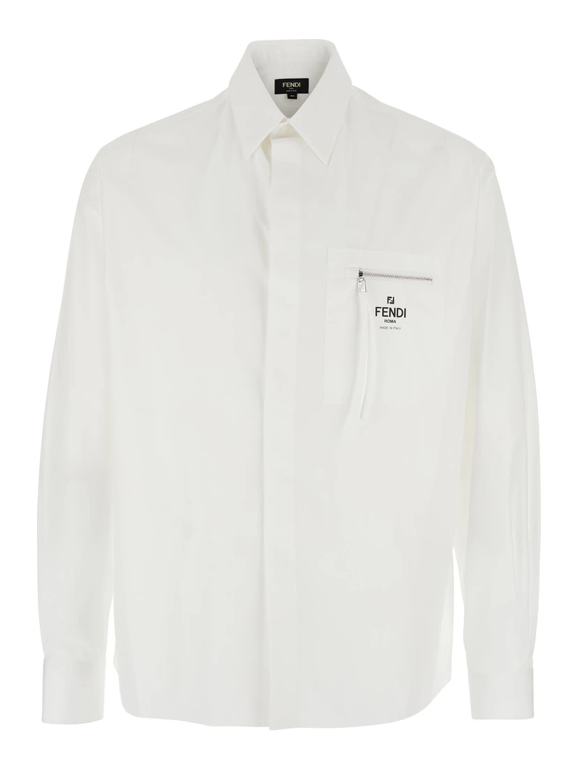 White Shirt with One Front Zip Pocket and Logo Lettering on the Pocket in Cotton Man