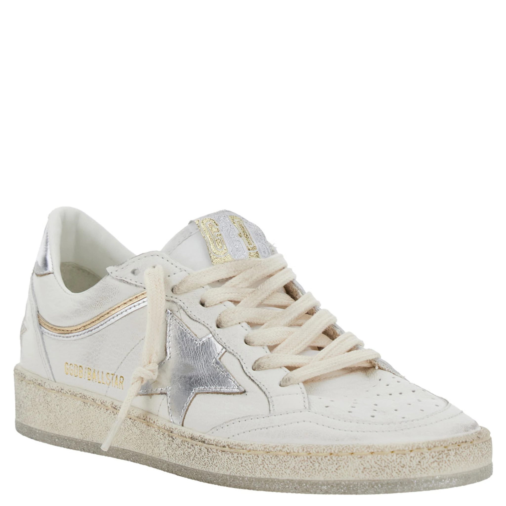 Ballstar White Low Top Sneakers with Laminated Star Patch on the Side and Laminated Heel with Logo Lettering in Leather Woman