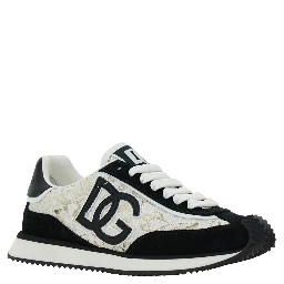 Black and White Low Top with Lace Details and DG Patch on the Side in Fabric and Suede Blend Woman