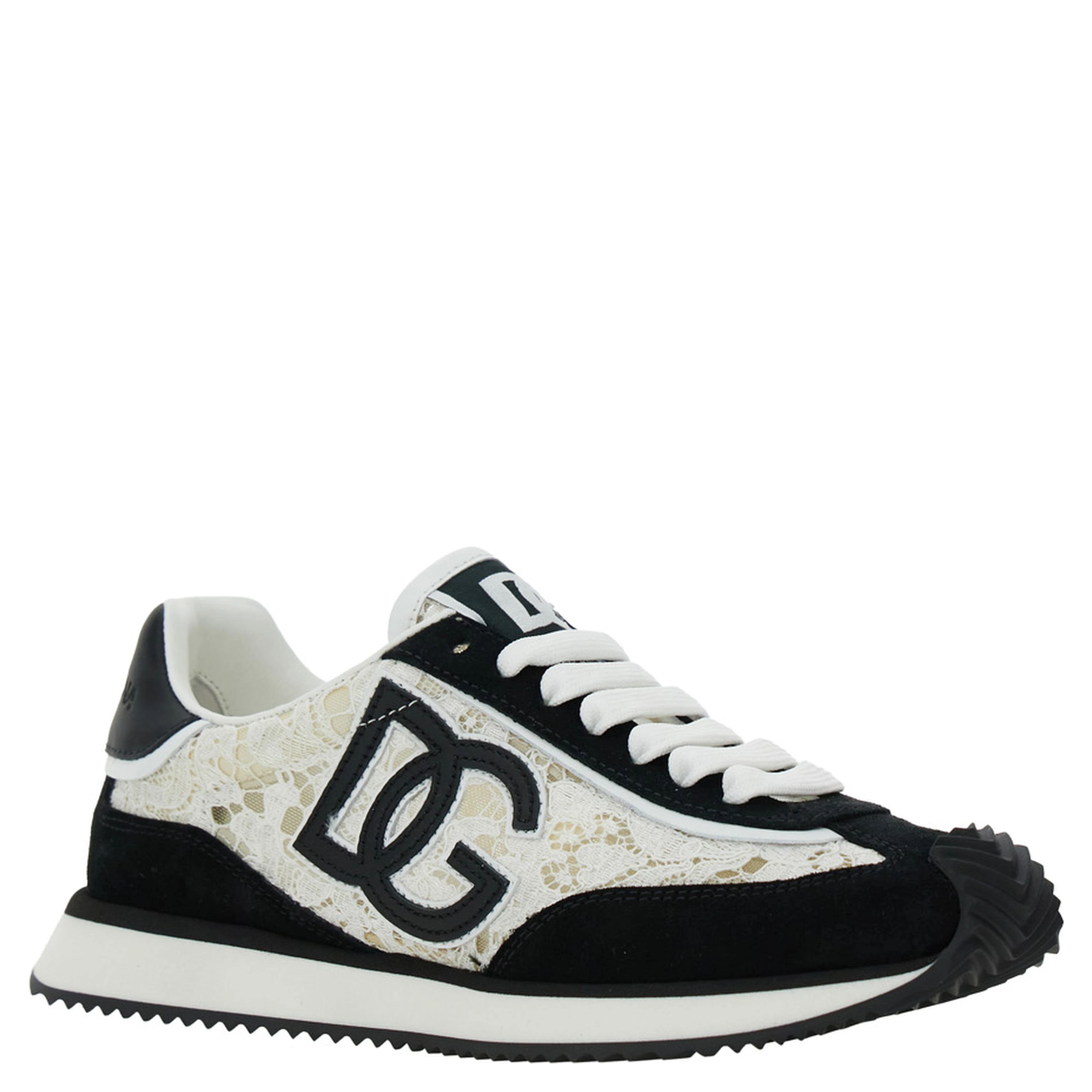 Black and White Low Top with Lace Details and DG Patch on the Side in Fabric and Suede Blend Woman
