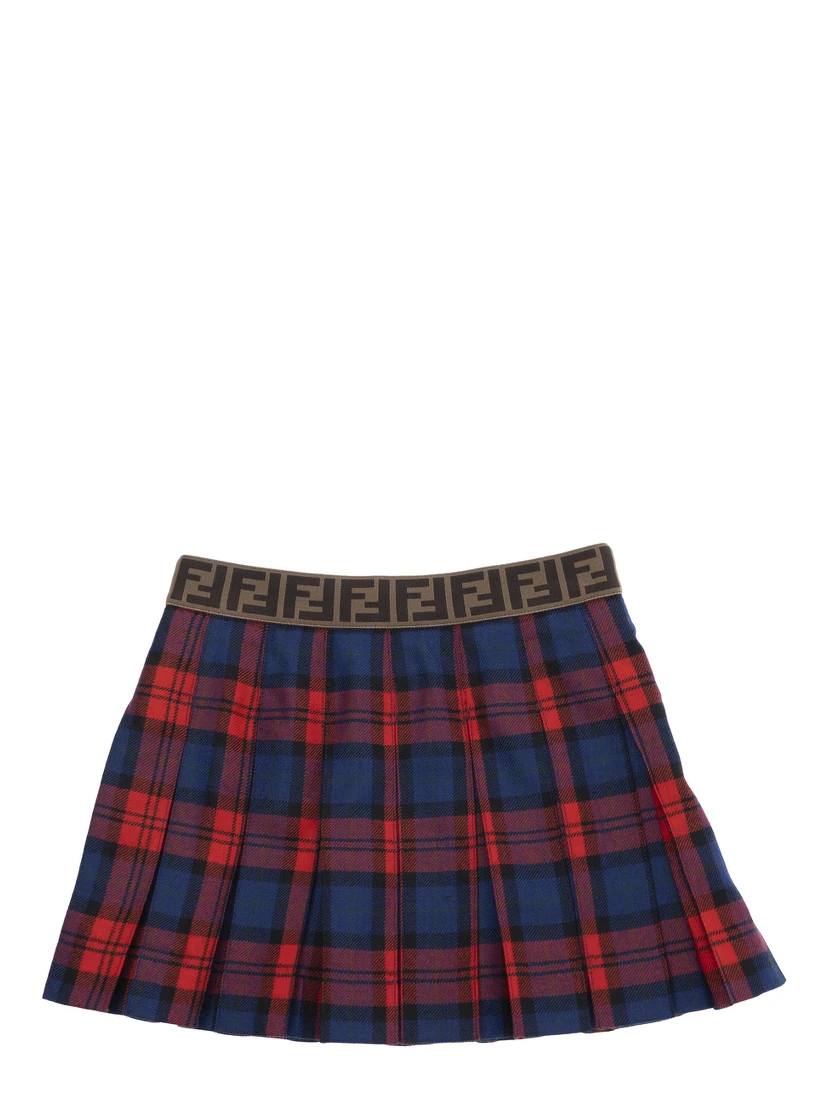 Red Skirt with Elastic Waist with FF Logo and All-Over Plaid Motif in Wool Girl