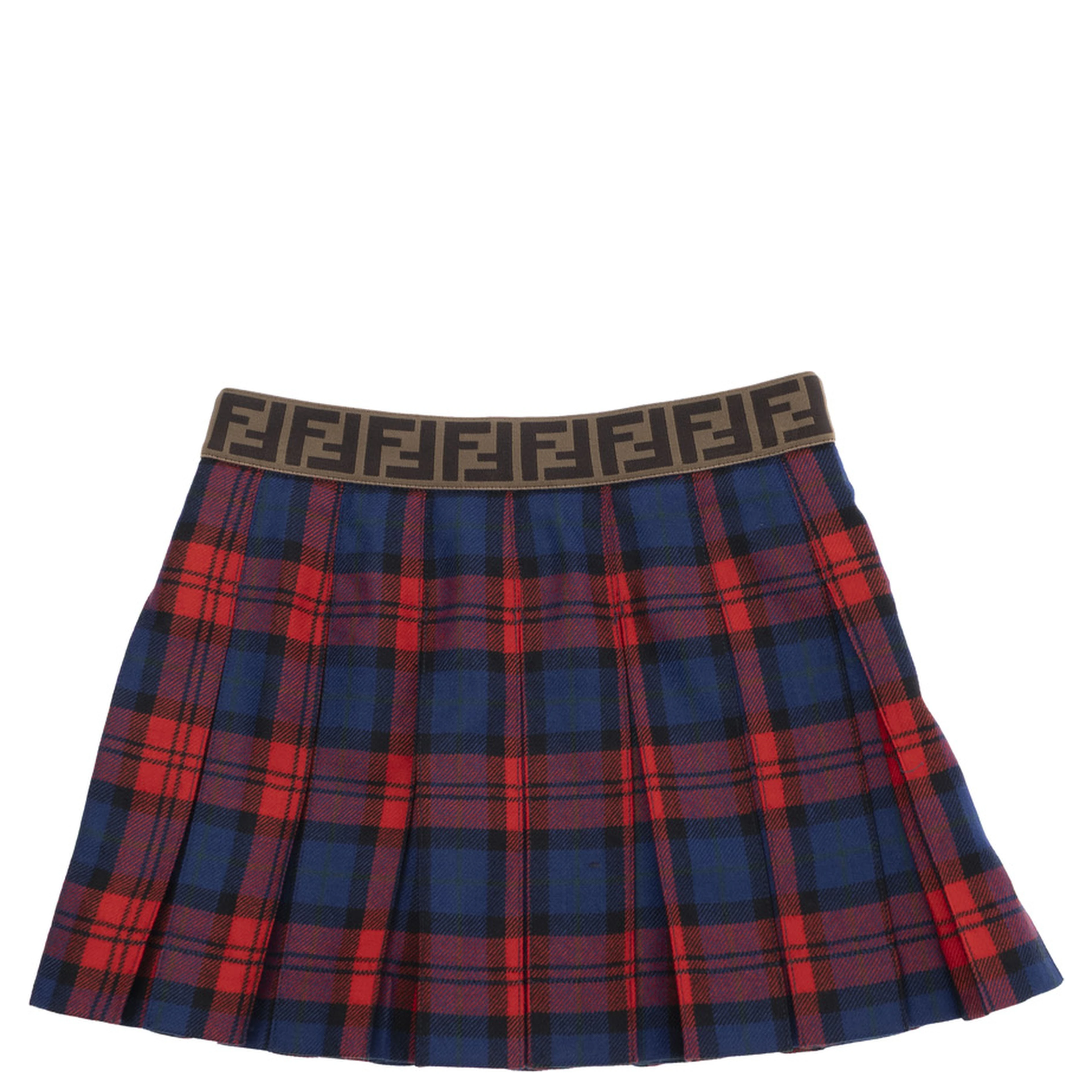 Red Skirt with Elastic Waist with FF Logo and All-Over Plaid Motif in Wool Girl