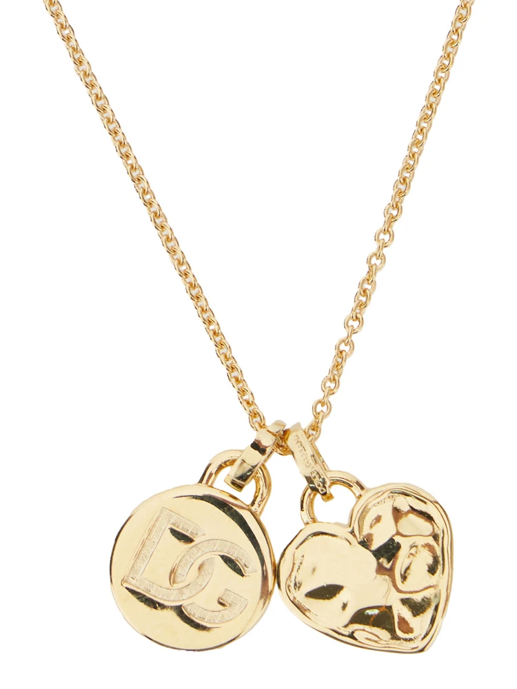 Gold Colored Necklace with Logo Pendant and Heart Pendant in Brass Woman alternative