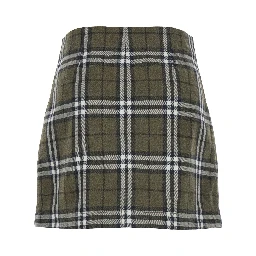 Green Skirt with All-Over Check Motif and Side Pockets in Virgin Wool Woman
