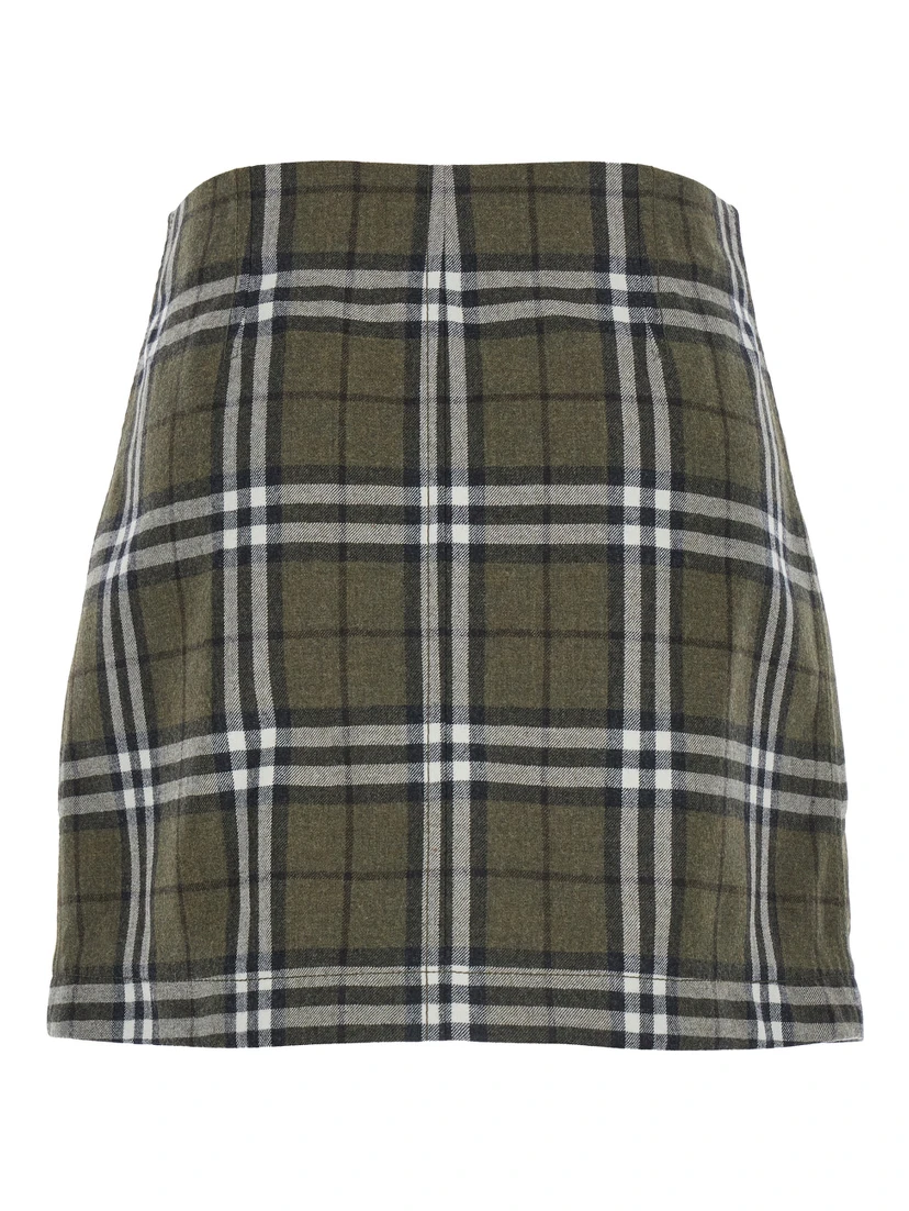 Green Skirt with All-Over Check Motif and Side Pockets in Virgin Wool Woman