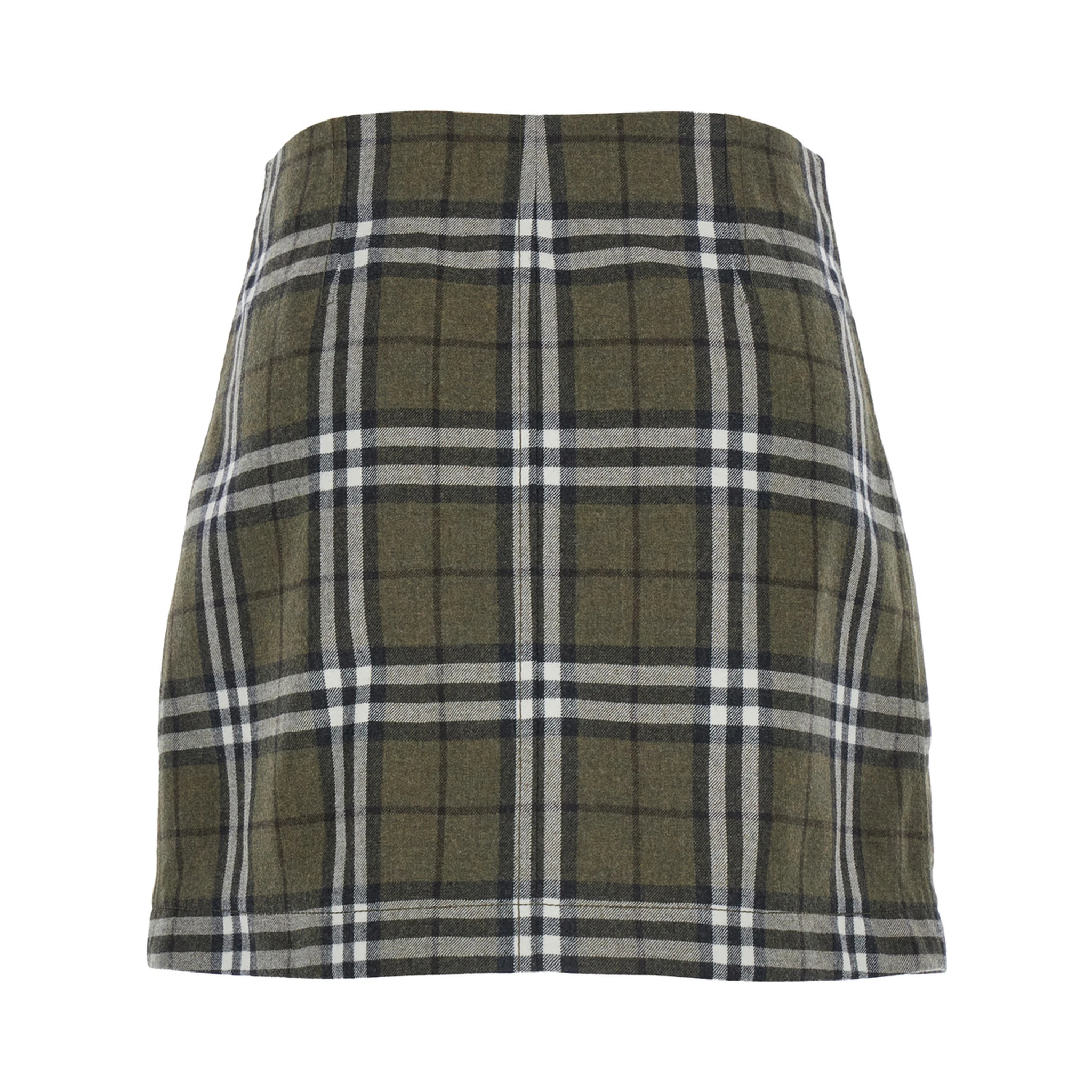 Green Skirt with All-Over Check Motif and Side Pockets in Virgin Wool Woman