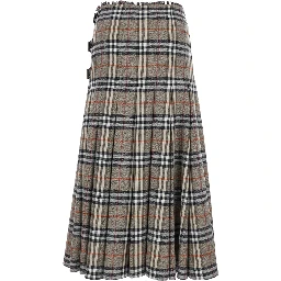 Beige Midi Skirt with Side Buckle Closure and All-Over Check Motif in Wool Woman