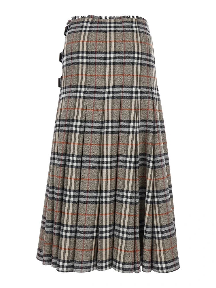 Beige Midi Skirt with Side Buckle Closure and All-Over Check Motif in Wool Woman alternative