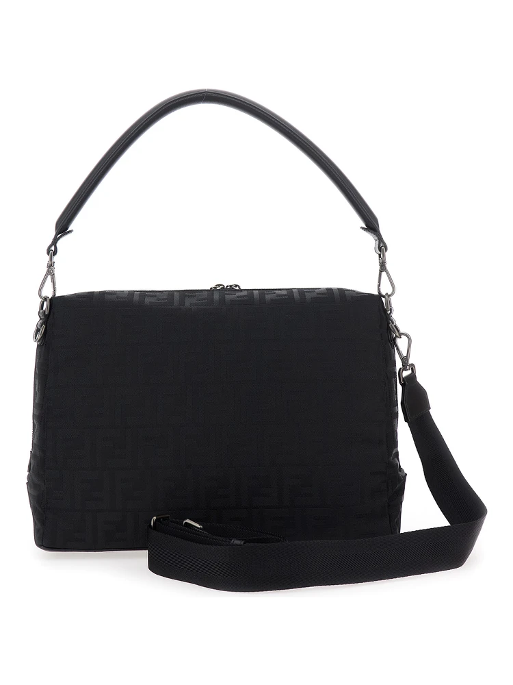 Lui Large Black Shoulder Bag with All-Over FF Motif in Tech Fabric Man alternative