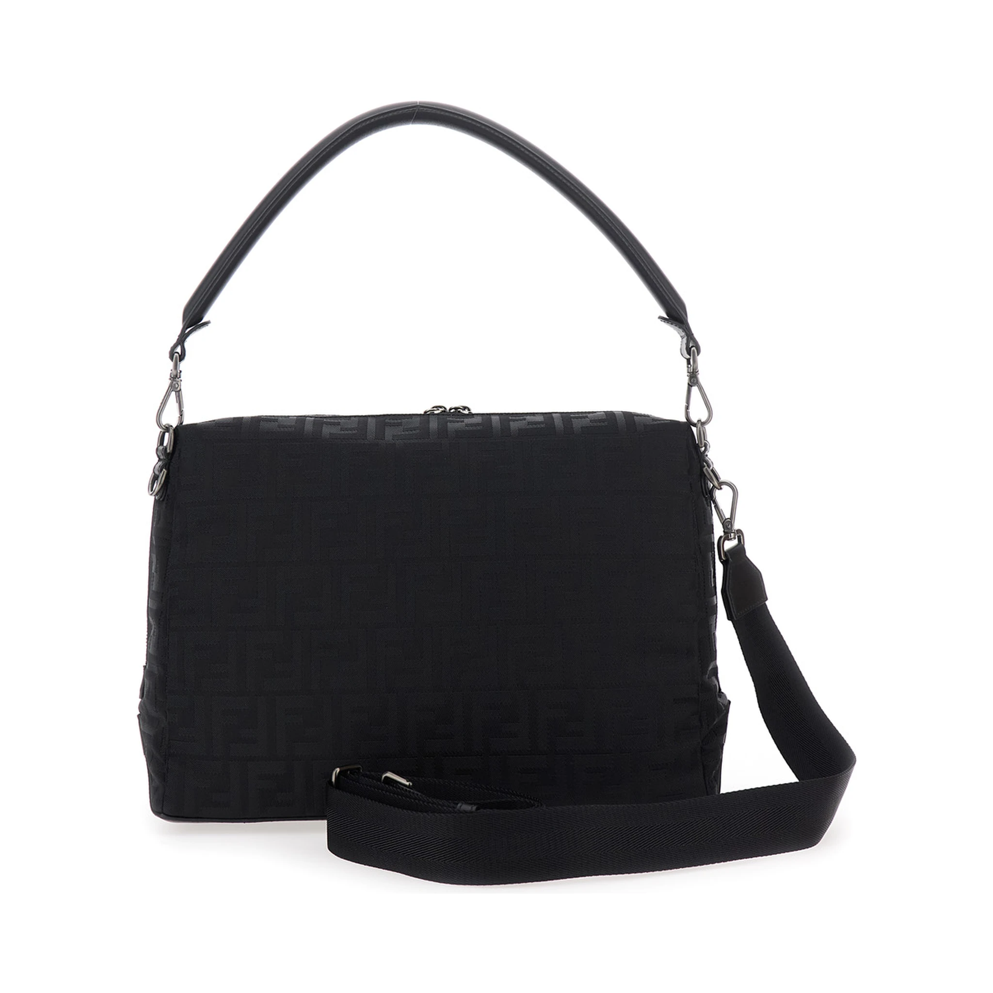 Lui Large Black Shoulder Bag with All-Over FF Motif in Tech Fabric Man