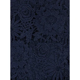 Blue Dress with Semi Transparent Design and Floral Decorations in Fabric Woman