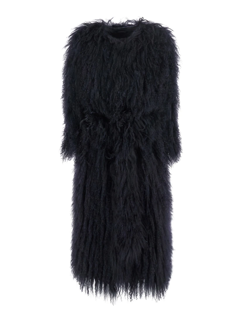 Blue Fur Coat with Round Neck and Long Sleeves in Fur Woman