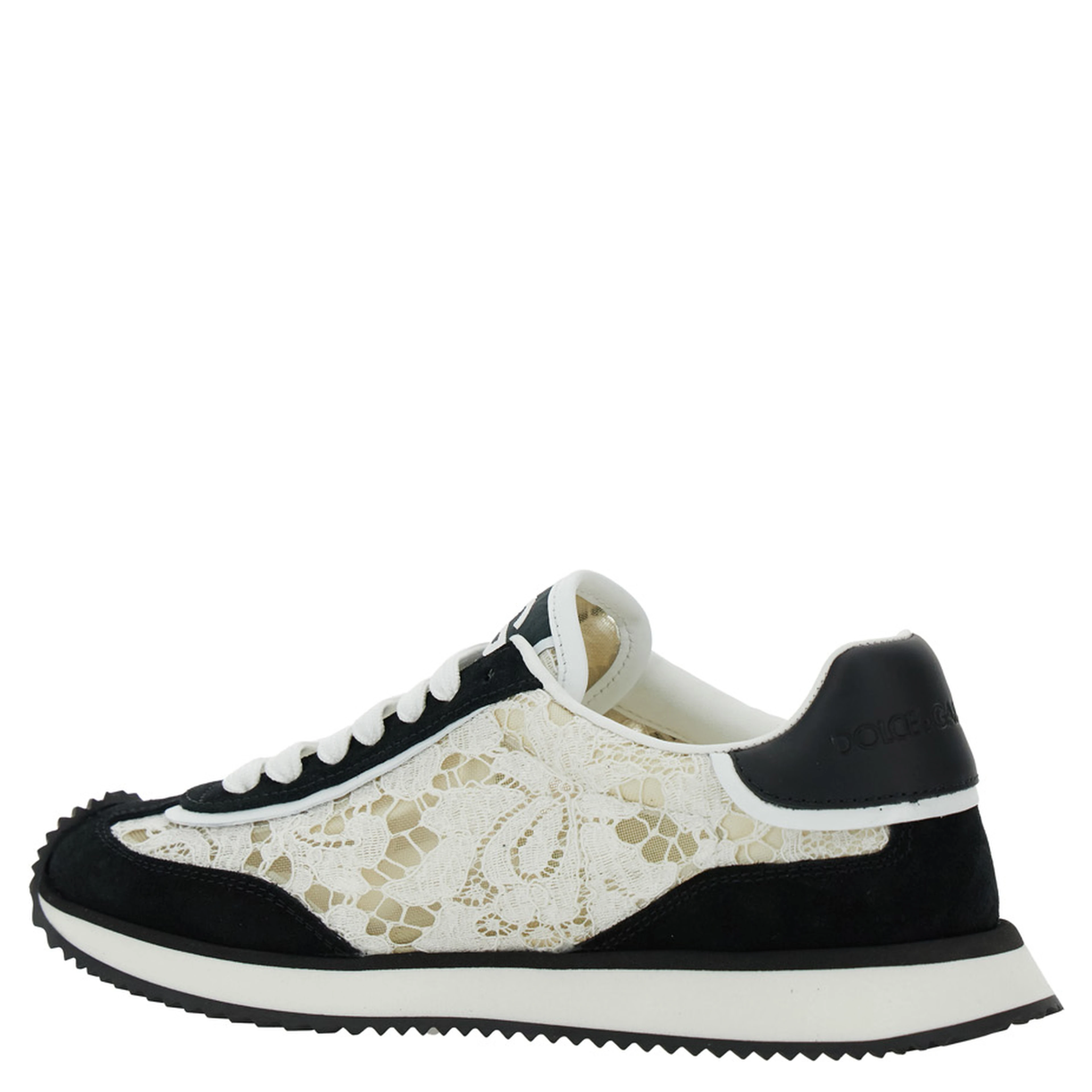 Black and White Low Top with Lace Details and DG Patch on the Side in Fabric and Suede Blend Woman