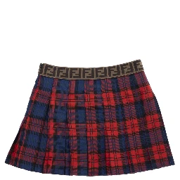 Red Skirt with Elastic Waist with FF Logo and All-Over Plaid Motif in Wool Girl