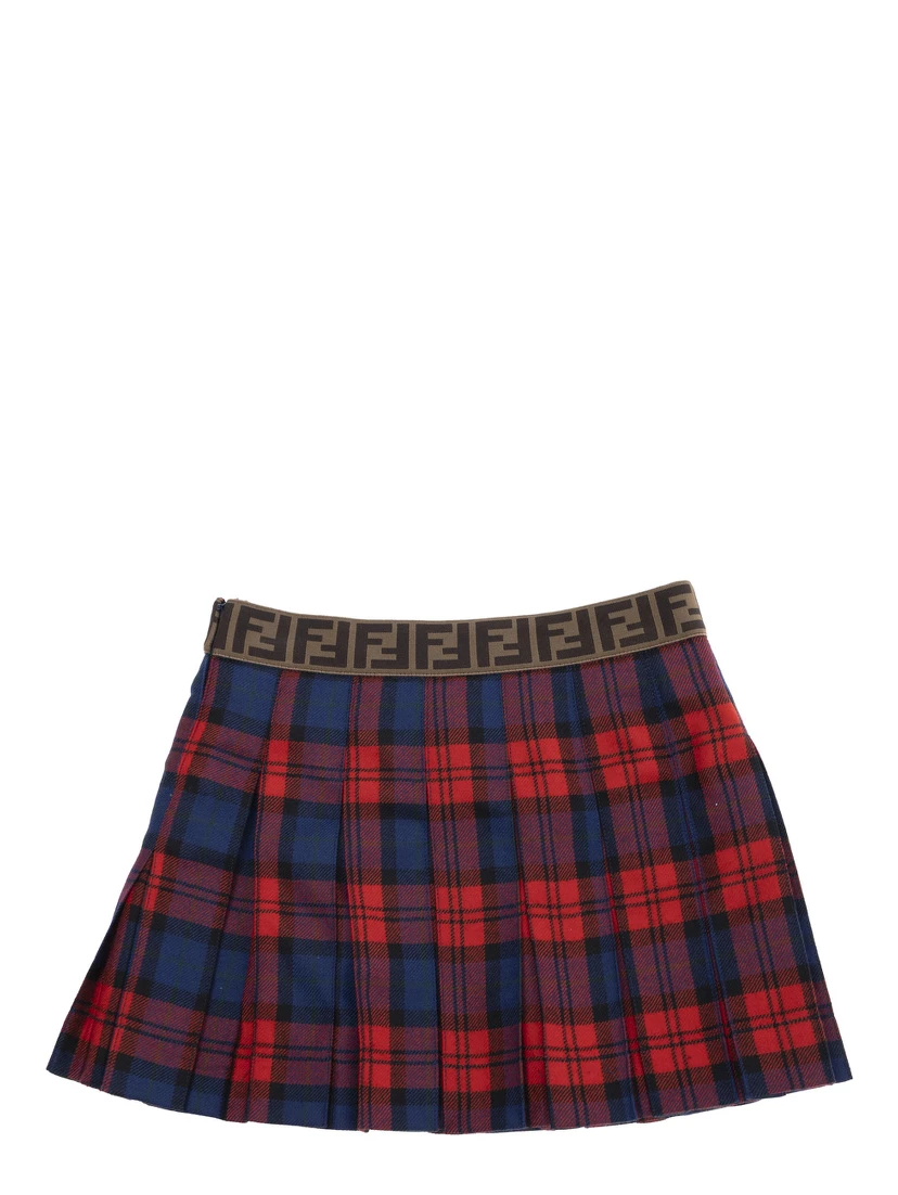 Red Skirt with Elastic Waist with FF Logo and All-Over Plaid Motif in Wool Girl