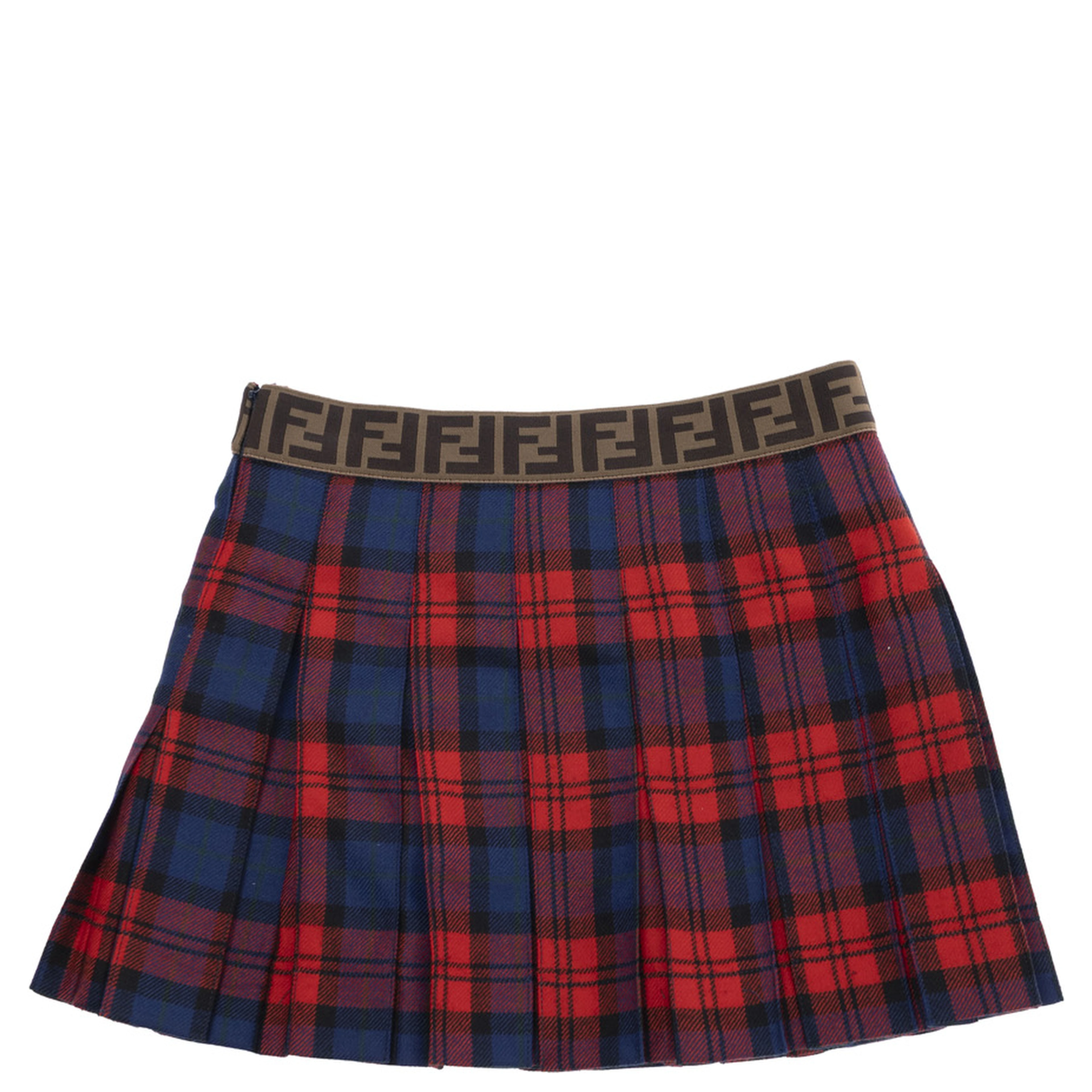 Red Skirt with Elastic Waist with FF Logo and All-Over Plaid Motif in Wool Girl