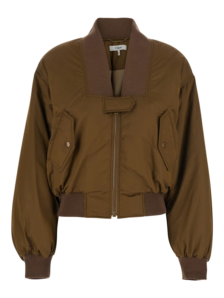 Brown Bomber Jacket with V Neck and Front Zip Closure in Tech Fabric Woman